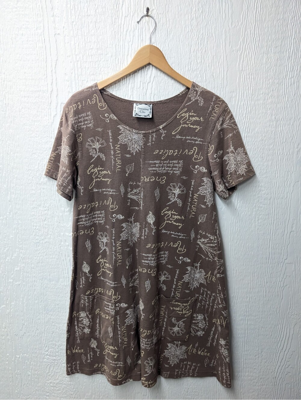 Vtg Dressing Clio 100% Cotton T-shirt Dress Floral Plants Mature Hippie Artsy L